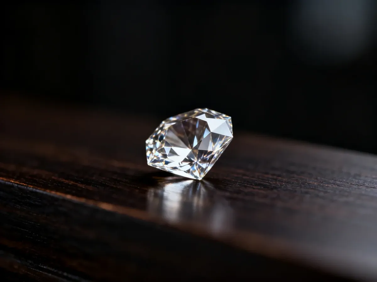 Minimalistyczny, geometryczny diament na ciemnym, drewnianym tle, podkreślający elegancję i precyzję wzoru tatuażu.