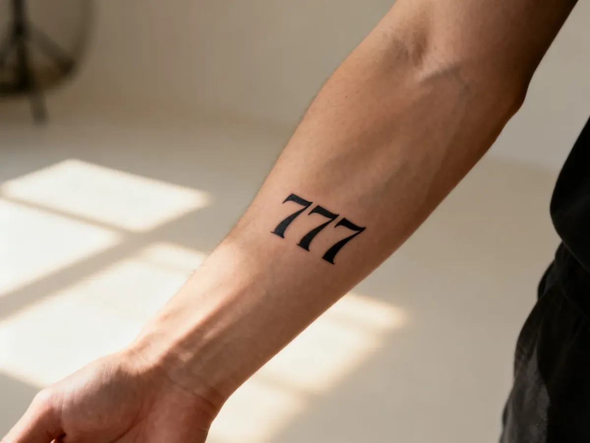 Elegancki tatuaż z liczbą 777 wykonany czarnym tuszem na przedramieniu, prezentujący minimalistyczny styl i estetykę.