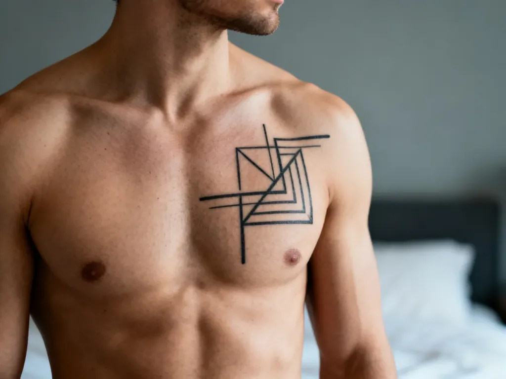 Umięśniona męska klatka piersiowa z minimalistycznym czarnym tatuażem geometrycznym, w nowoczesnym, stonowanym wnętrzu.