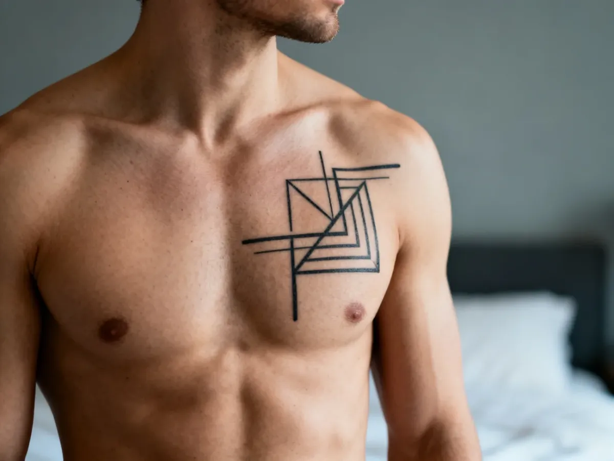 Umięśniona męska klatka piersiowa z minimalistycznym czarnym tatuażem geometrycznym, w nowoczesnym, stonowanym wnętrzu.
