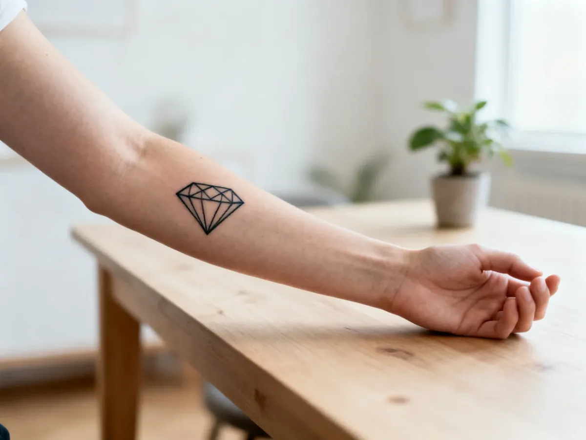 Minimalistyczny tatuaż diamentu na przedramieniu, symbol czystości i siły, w jasnym, przytulnym wnętrzu.