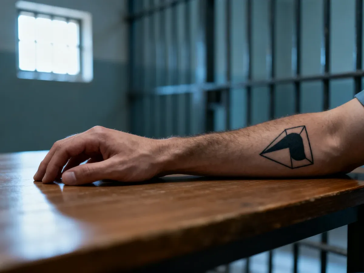 Męska dłoń z tatuażami geometrycznymi na tle więziennych krat, symbolizująca znaczenie i konsekwencje tatuaży w więzieniu.
