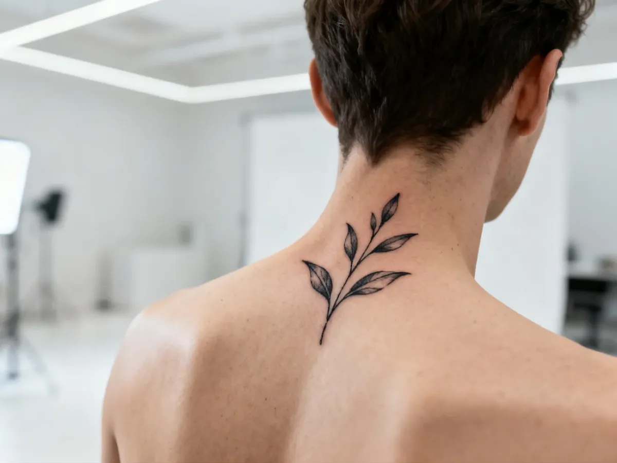 Minimalistyczny tatuaż botaniczny na karku wykonany czarnym tuszem w estetycznym, nowoczesnym wnętrzu.