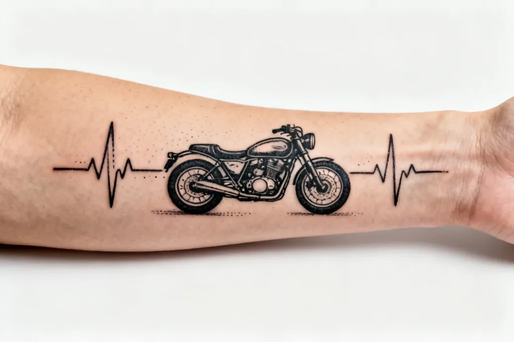 Fine-line tatuaż linia życia z motocyklem na przedramieniu, estetyczne ujęcie poziome.