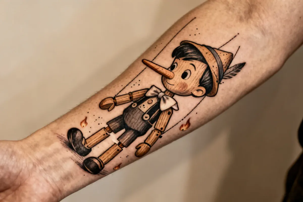 Tatuaż drewnianej marionetki z długim nosem i odciętymi sznurkami na przedramieniu.