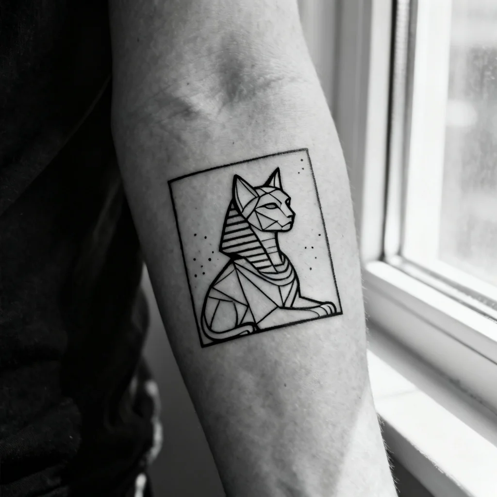 Kwadratowe zbliżenie geometrycznego sfinksa na zewnętrznej części przedramienia, wyraźne linie i dotwork.
