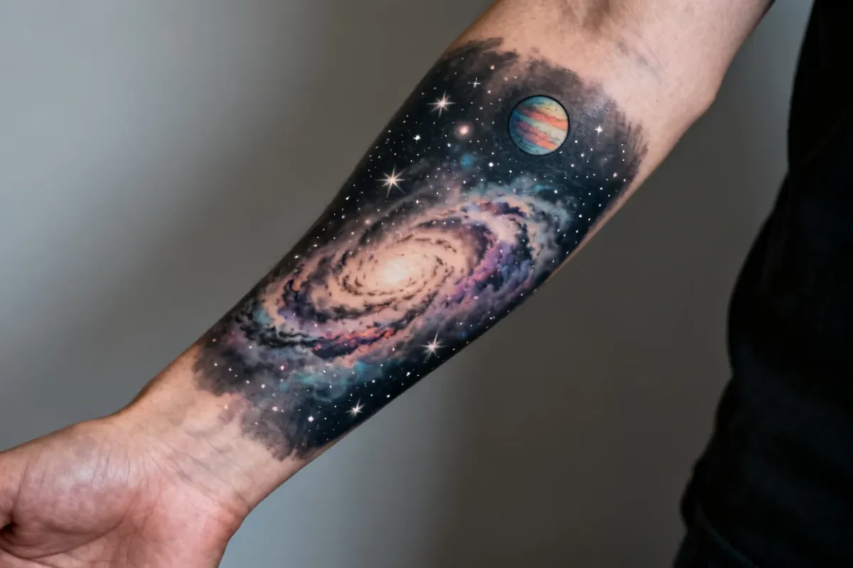 Hyperrealistyczny tatuaż kosmosu na przedramieniu, szczegółowy gwiezdny obraz i planeta.