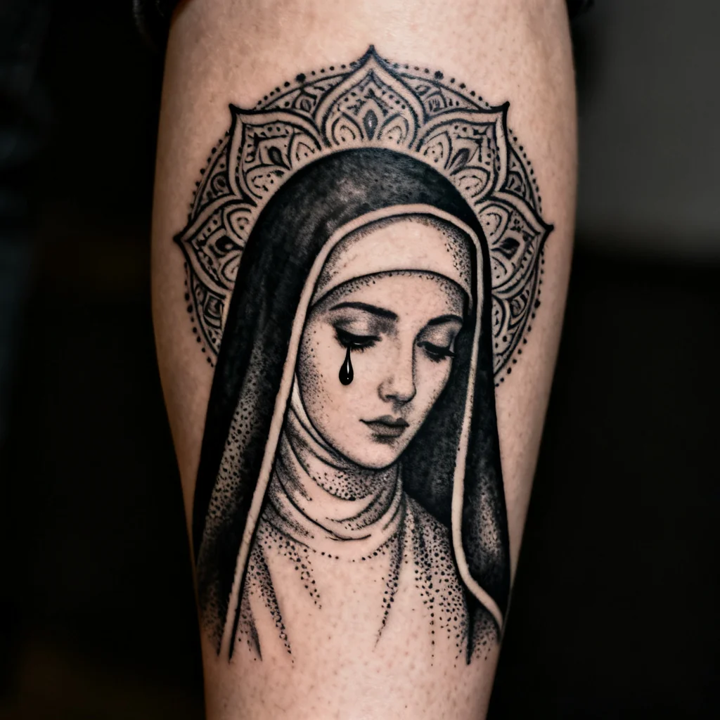 Kwadratowe zdjęcie blackwork tatuażu zakonnicy na zewnętrznej łydce, delikatne kropkowanie i mroczny halo.