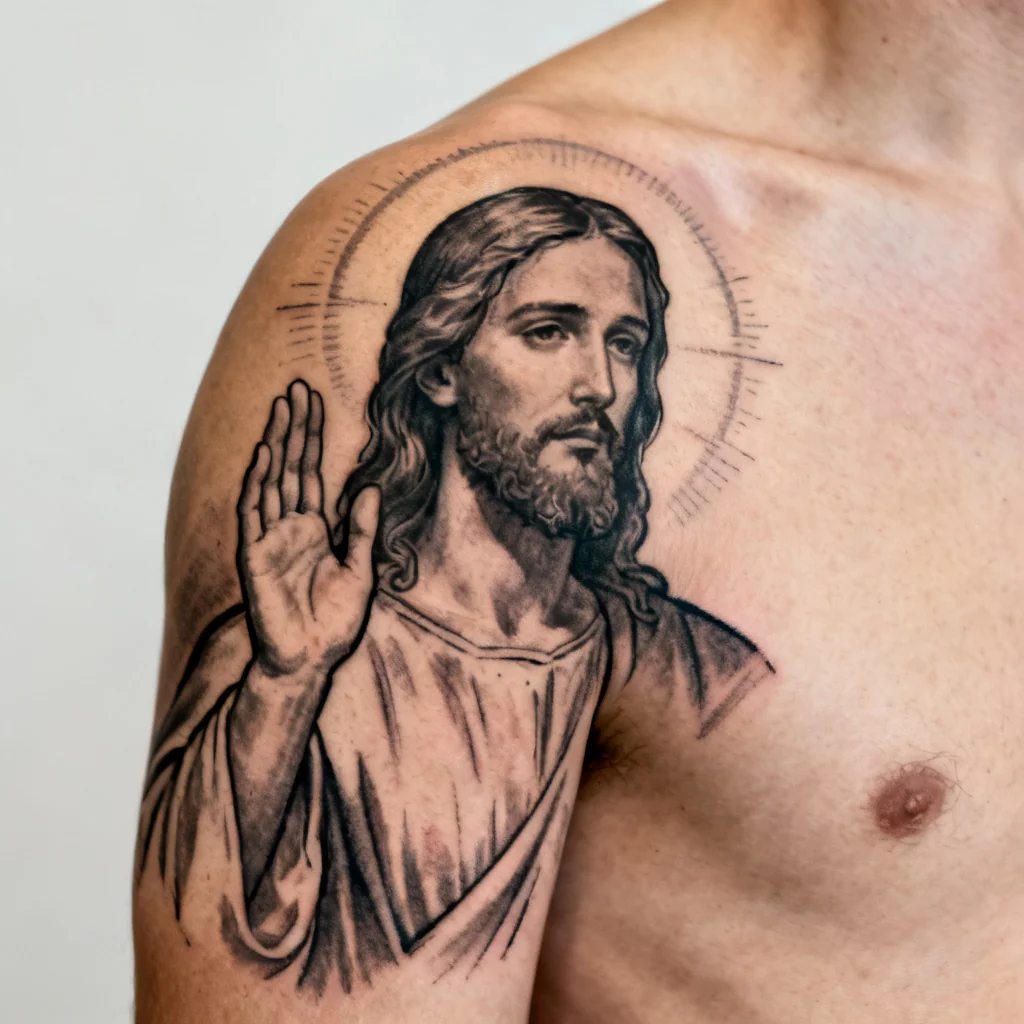 Realistyczny, trójkwartalny profil Jezusa w geście błogosławieństwa na łopatce, z delikatnym halo.