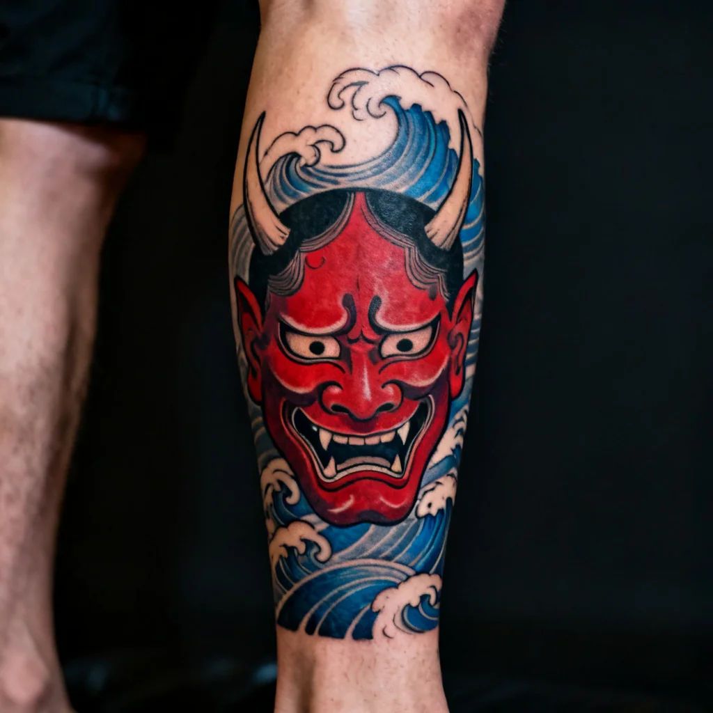Kwadratowe zdjęcie zewnętrznej części łydki z maską Hannya, falami i delikatnym kolorowym akcentem.