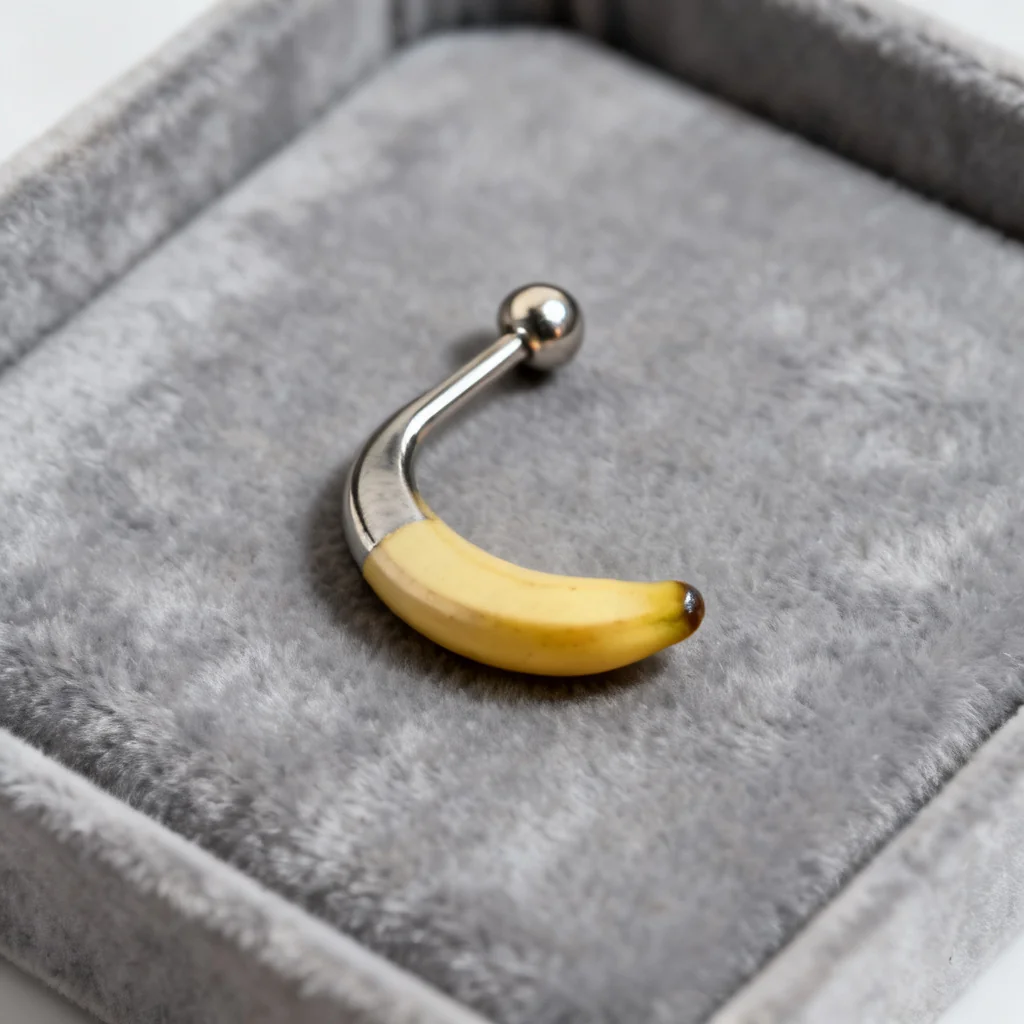 Kwadratowe makro ujęcie zakrzywionej sztangi (banana) do vertical labret na szarym aksamicie, ostre odbicia metalu