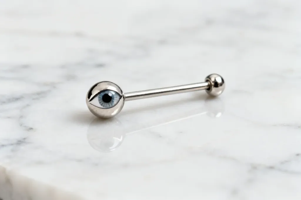 Makrofotografia metalowego kolczyka typu surface barbell w motywie oka na jasnym marmurze, ostre
