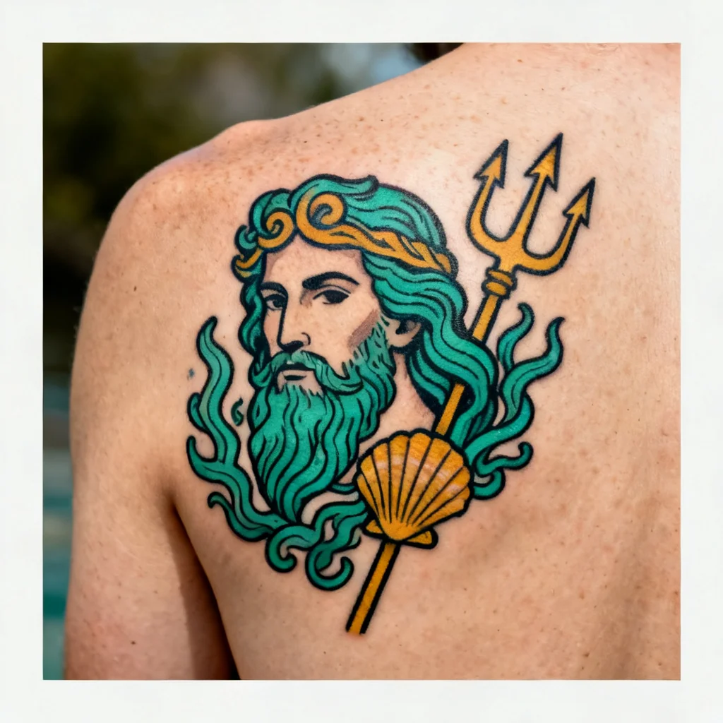 Neo-traditional Neptun z trójzębem i roślinnością morską na prawej łopatce.