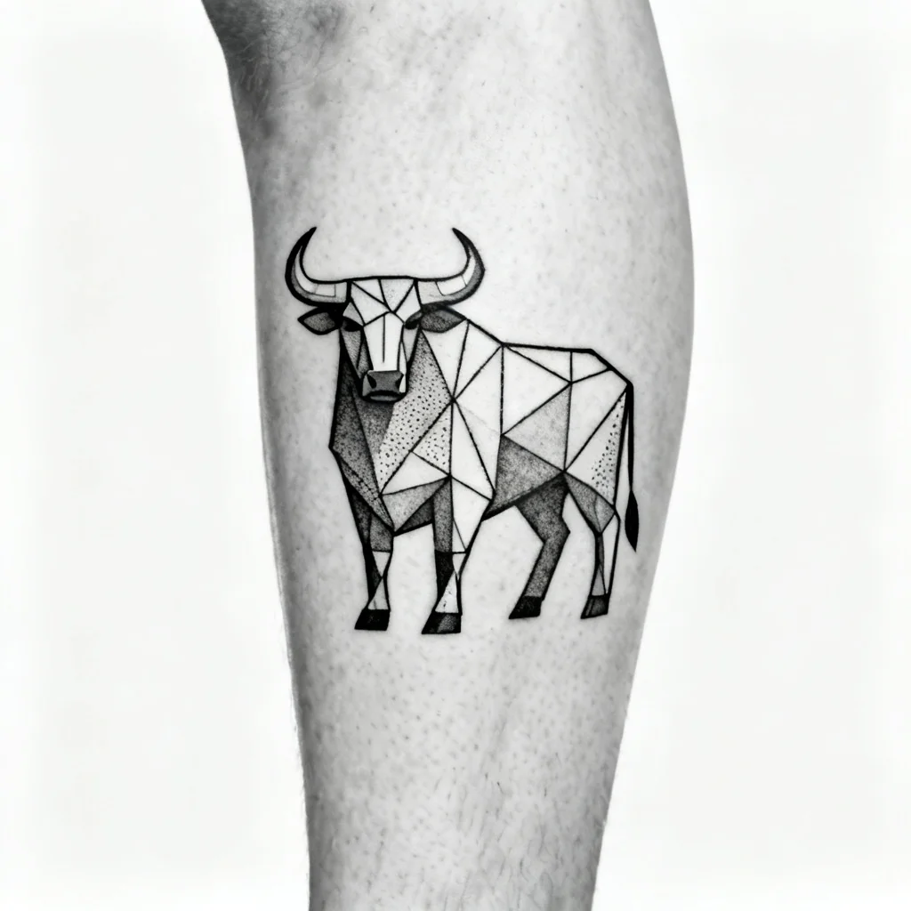 Geometryczny tatuaż byka na zewnętrznej łydce, czyste linie i dotwork, wysoka ostrość.