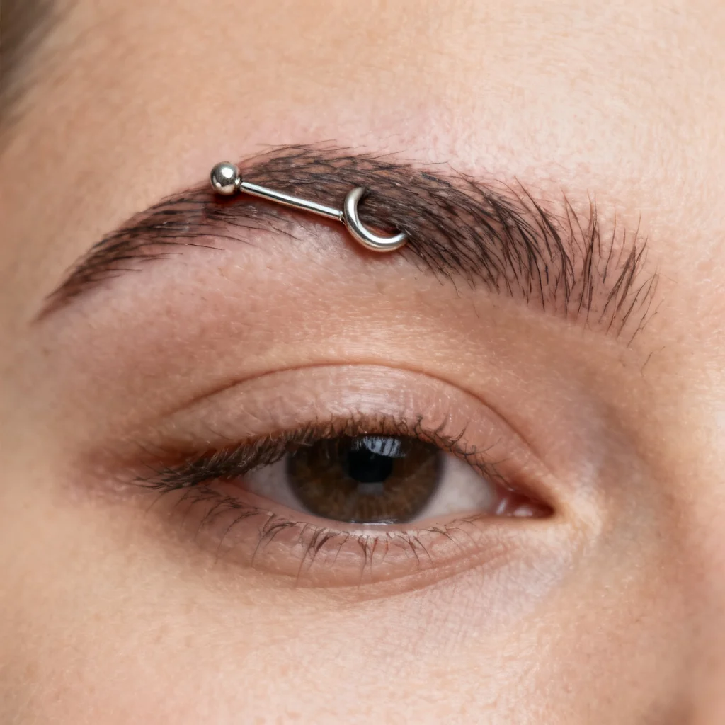 Kwadratowe zbliżenie na łuk brwiowy z zaokrągloną sztangą, zdrowa skóra, wyraźna biżuteria.