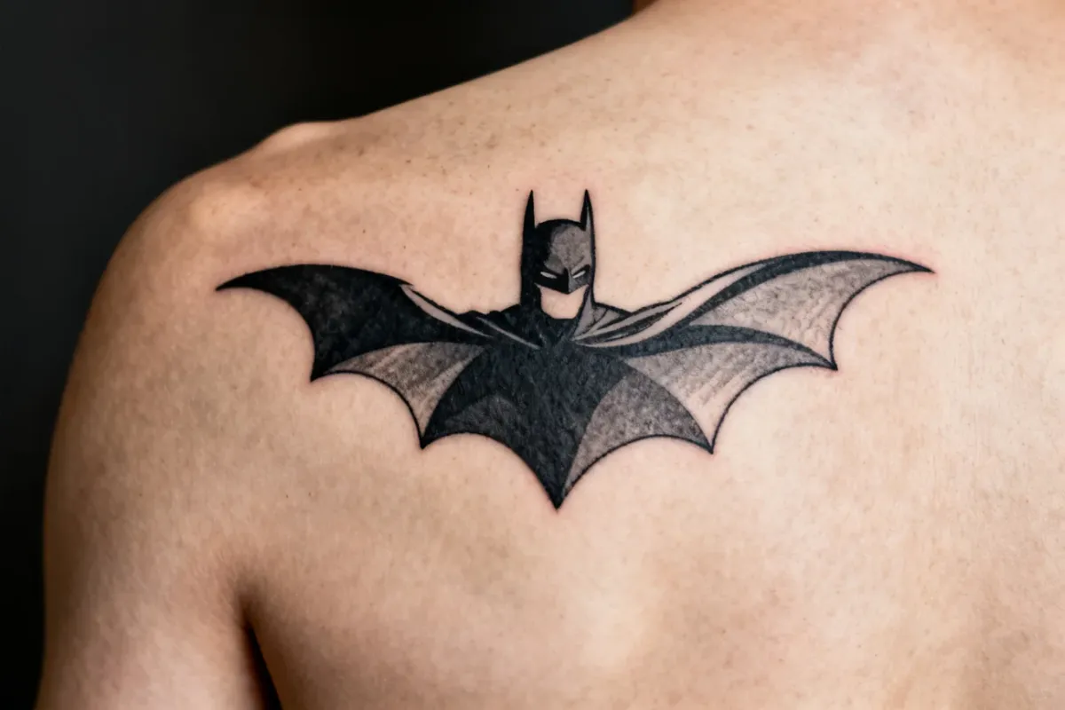 Fine-line tatuaż bat-sylwetki na prawym łopatce, czysty kadr i skóra w tle.