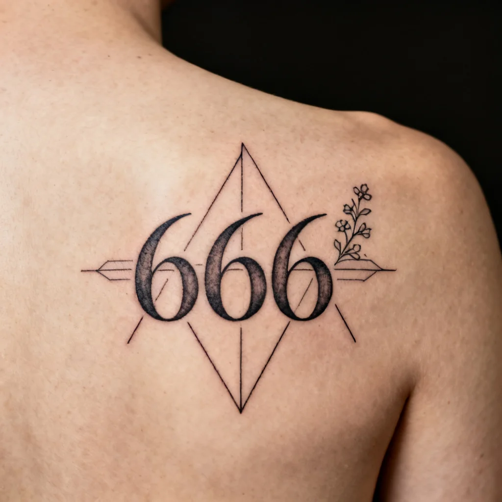 Kwadratowe zdjęcie ozdobnego tatuażu 666 na prawej łopatce, delikatne filigranowe detale i światło.