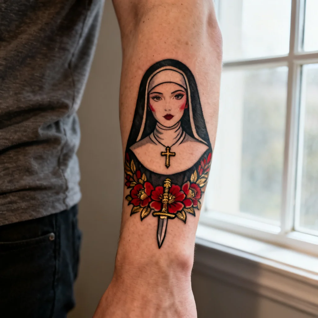 Kwadratowe zdjęcie neo-traditional tatuażu zakonnicy na przedramieniu, kwiaty i symboliczny sztylet.