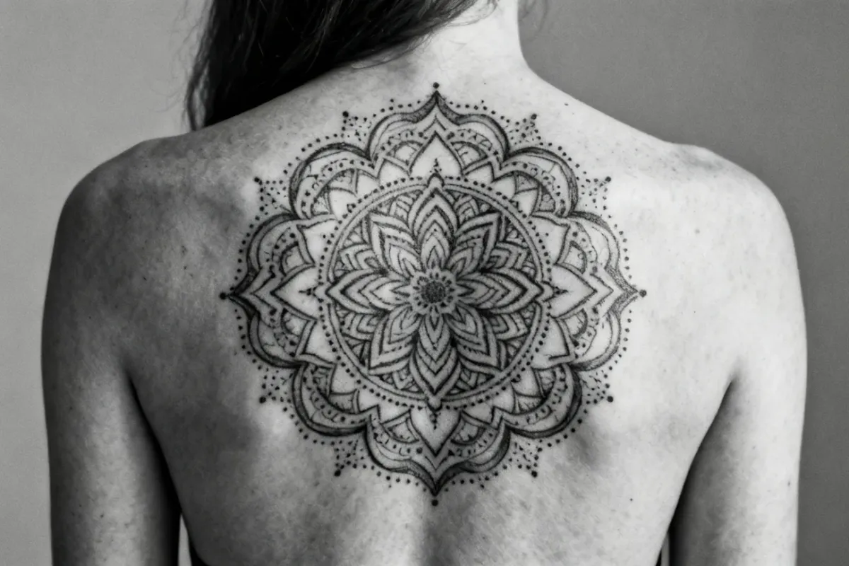Duża, symetryczna mandala na górnej części pleców, wyraźne linie i dotwork