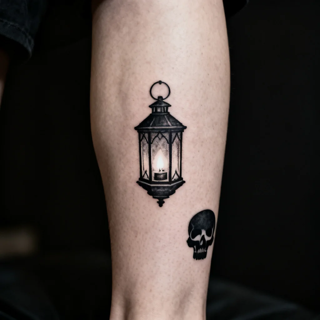 Kwadratowe zdjęcie tatuażu lampy z symboliczną czaszką na zewnętrznej łydce, kontrastowe cieniowanie.