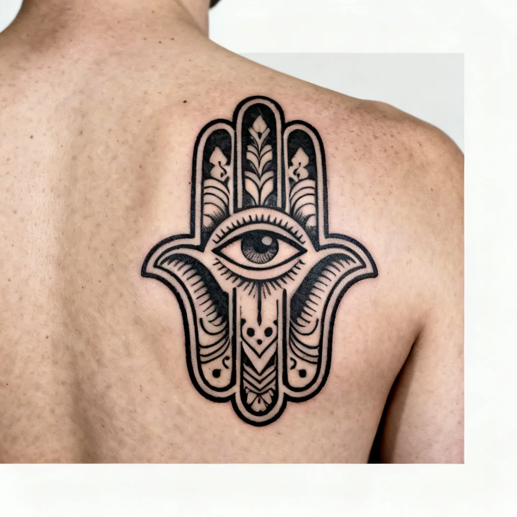 Kwadratowe zdjęcie oka w motywie Hamsa na łopatce, neo-traditional, wyraźne kontury i cienie.