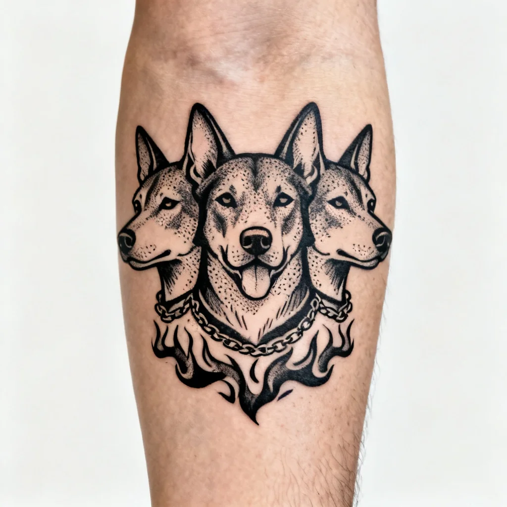 Zbliżenie tatuażu Cerberusa na przedramieniu, trzy głowy w stylu blackwork z łańcuchem.