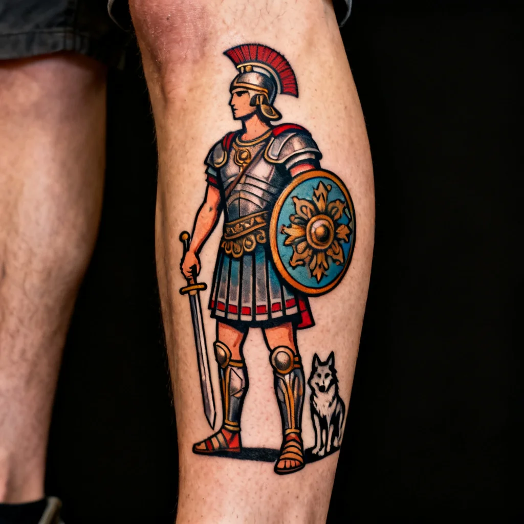 Kwadratowe zdjęcie neo-traditional sceny gladiatora na zewnętrznej części łydki, wyraźne kolory i linie.