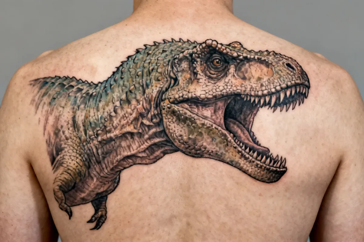 Fotografia tatuażu T‑Rex na górnych plecach, realistyczne detale i czysta skóra wokół.