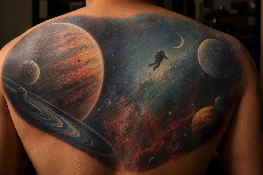 Duży, szczegółowy tatuaż na górnych plecach z układem planet, mgławicą i astronautą.
