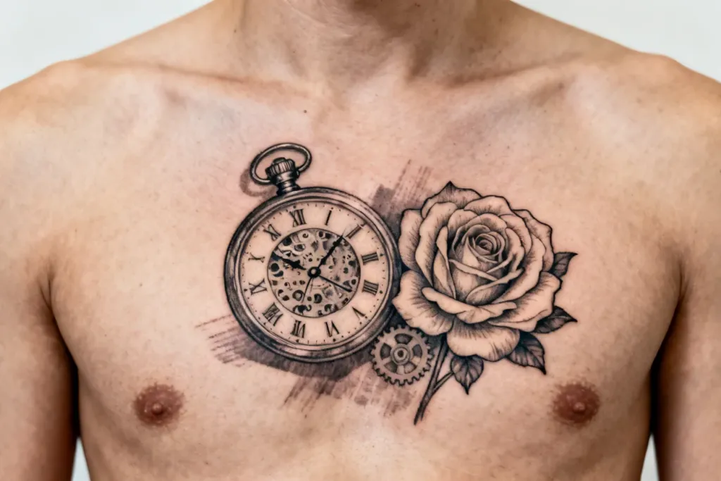 Poziome zdjęcie tatuażu zegara‑pocket watch z różą na górnej części klatki piersiowej.