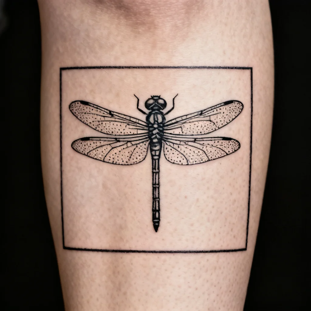 Minimalistyczna geometryczna ważka w dotwork na zewnętrznej łydce, czyste linie i estetyczne zdjęcie