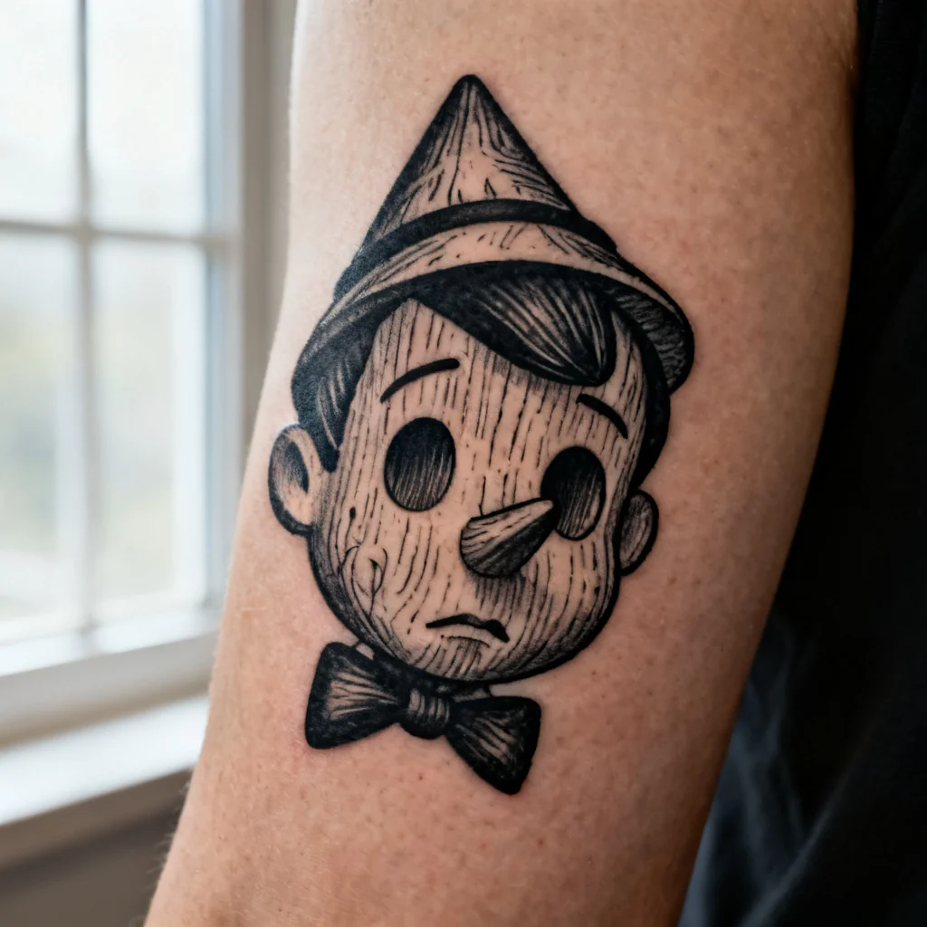 Zbliżenie tatuażu twarzy drewnianej marionetki o melancholijnym wyrazie na ramieniu.