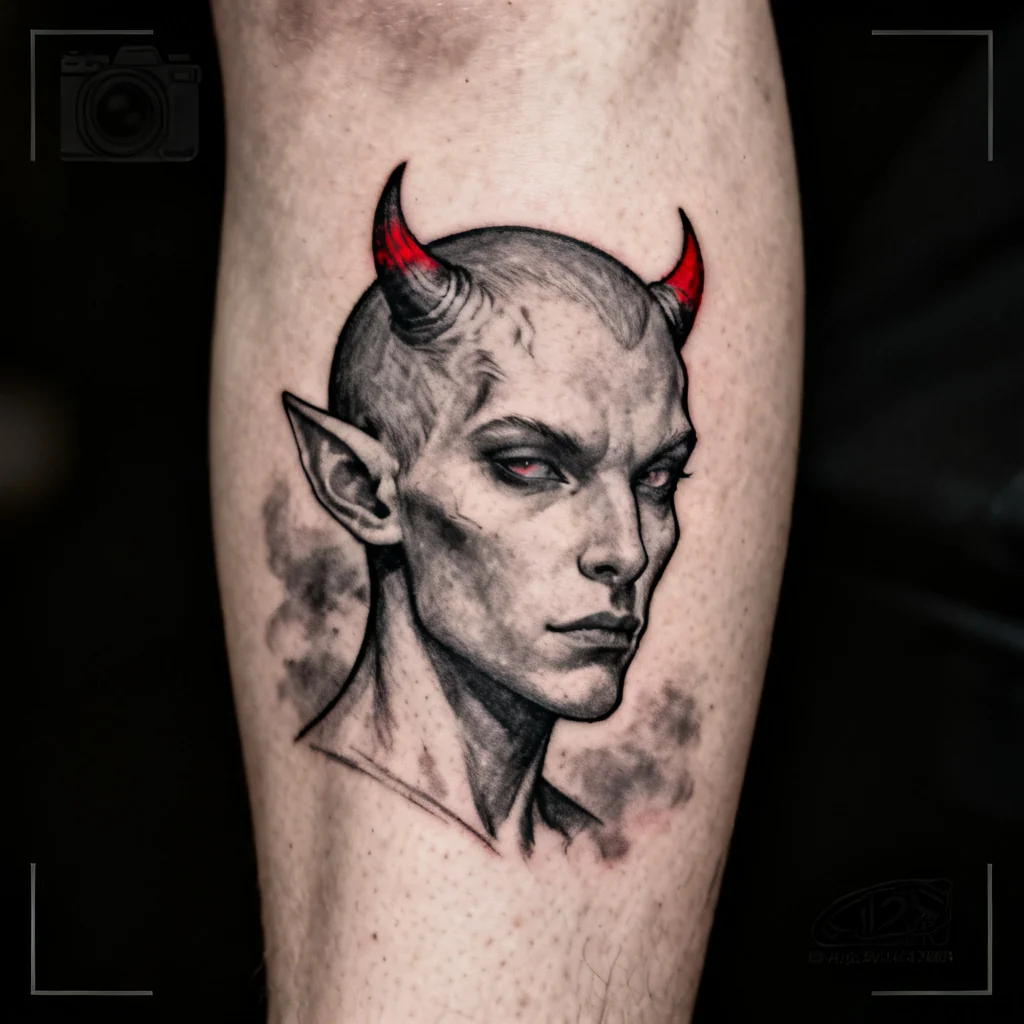 Realistyczny portret demona z subtelnymi rogami na bocznej części łydki, miękkie cieniowanie