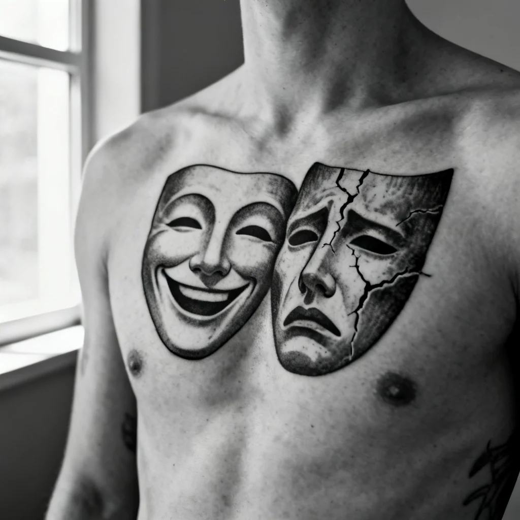Kwadratowy kadr na klatkę z podwójnymi maskami teatralnymi — uśmiech i pęknięcie, ostre detale.