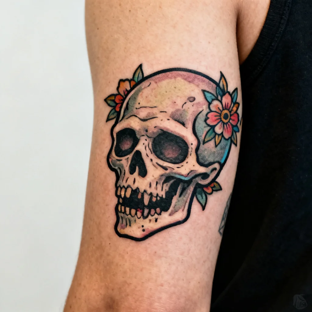 Kwadratowe zbliżenie neo-traditional tatuażu zombie na zewnętrznej stronie przedramienia