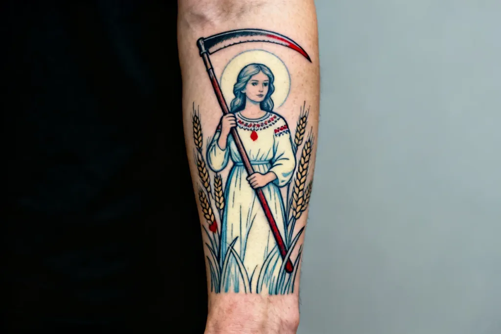 Neo-traditional tatuaż południcy ze kosą i kłosami na przedramieniu, czyste tło.
