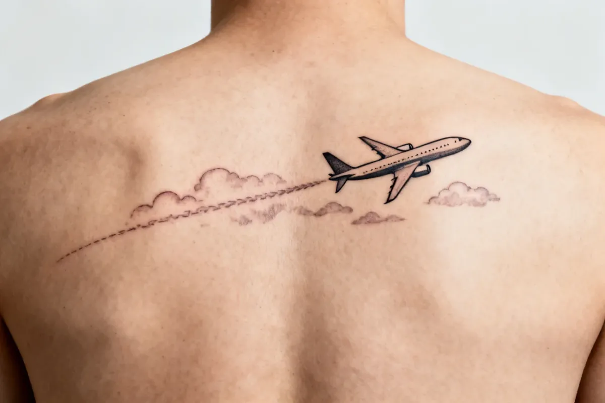 Delikatny jet w kresce z kontrailami na górnej części pleców, estetyczne studio.