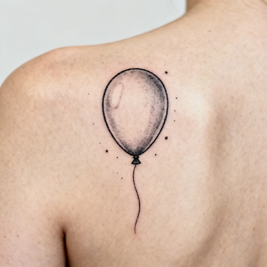 Minimalist czarny tatuaż pękającego balonu na łopatce, ostre linie, subtelne cieniowanie.