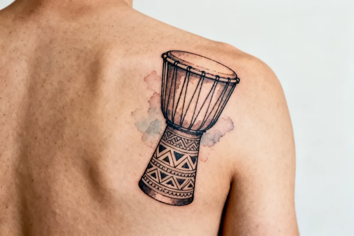 Djembe tatuaż z ornamentami na prawym górnym grzbiecie, czysta skóra wokół