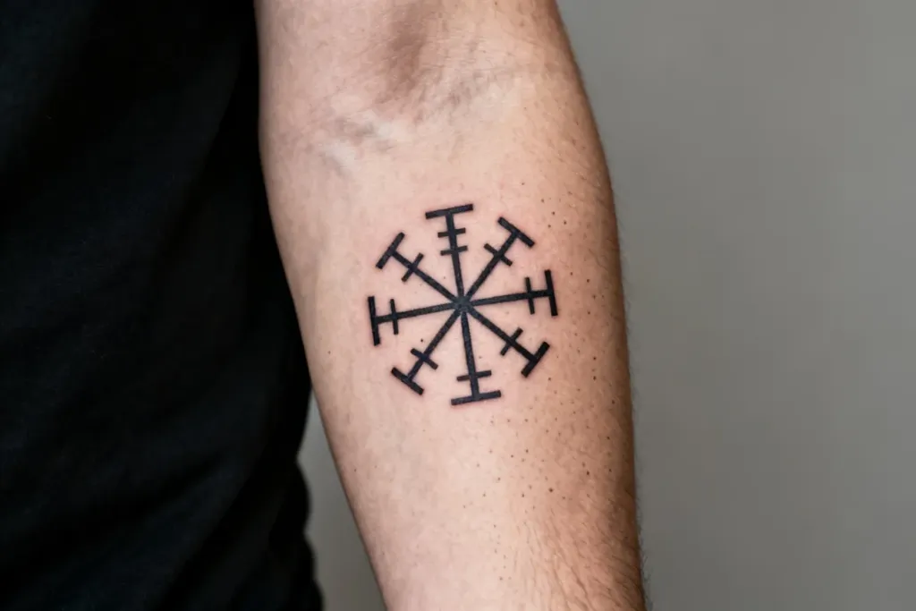 Zdjęcie tatuażu vegvisir na przedniej części przedramienia, czytelne detale i czysta skóra.