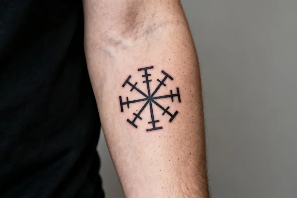 Zdjęcie tatuażu vegvisir na przedniej części przedramienia, czytelne detale i czysta skóra.