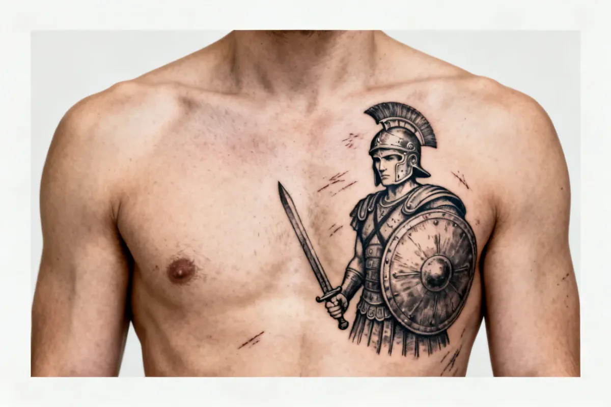 Poziome zdjęcie realistycznego tatuażu gladiatora na klatce piersiowej z czystym tłem.