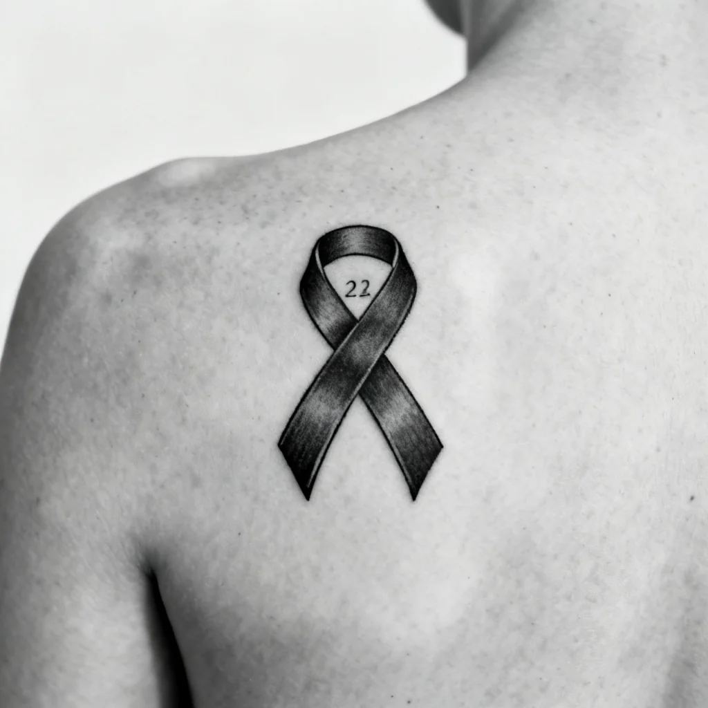 Minimalistyczna czarna kokardka z datą na łopatce, tidy blackwork, estetyczne światło.