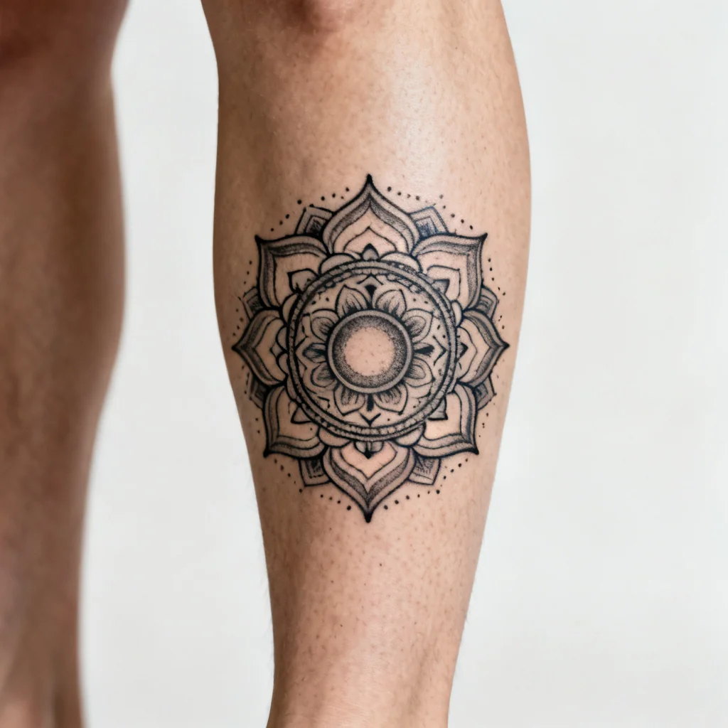 Abstrakcyjny mandalowy tatuaż sansara na zewnętrznej łydce, wyraźne detale i rama skóry.