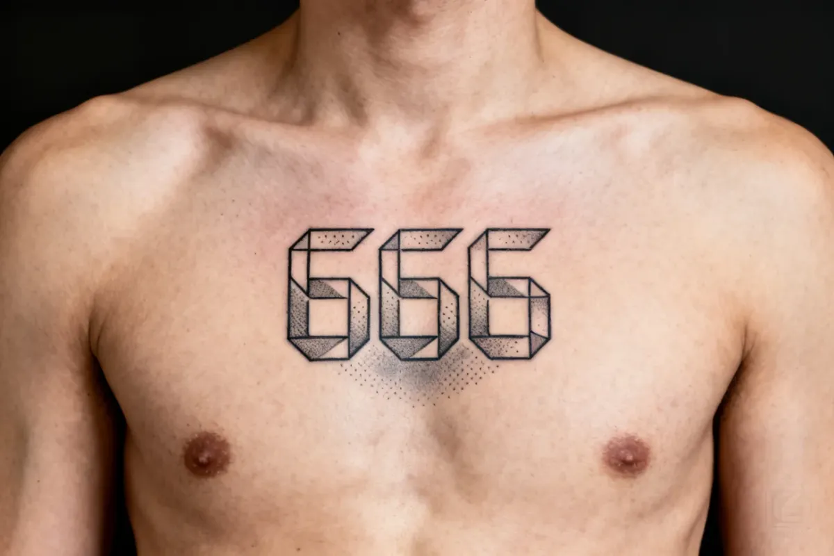 Poziome zdjęcie tatuażu 666 w stylu fine-line na mostku, czyste tony i estetyczne światło.
