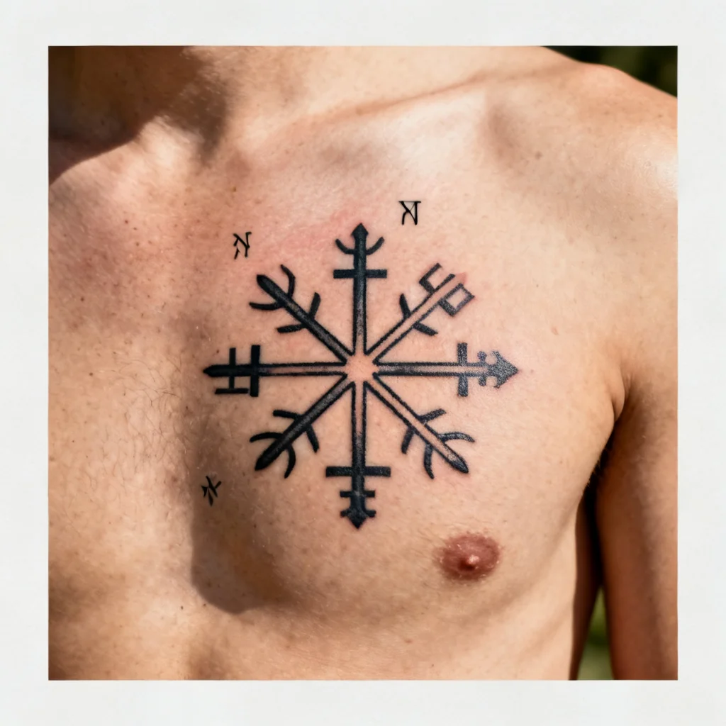 Kwadratowe zdjęcie tatuażu vegvisir z runami na górnej części klatki piersiowej, wyraźne linie i naturalne światło.