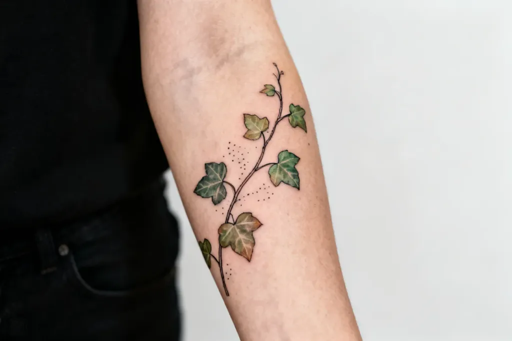 Fine-line tatuaż bluszczu na przedramieniu, eleganckie detale i czysta skóra wokół.