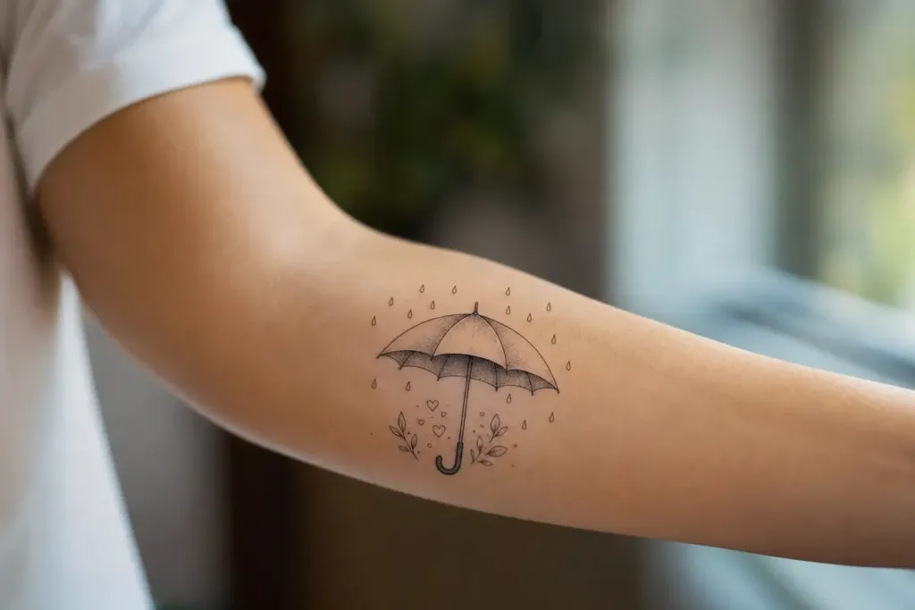 Poziome zdjęcie tatuażu parasola na przedramieniu, otwarty parasol osłania drobne symbole, miękkie światło