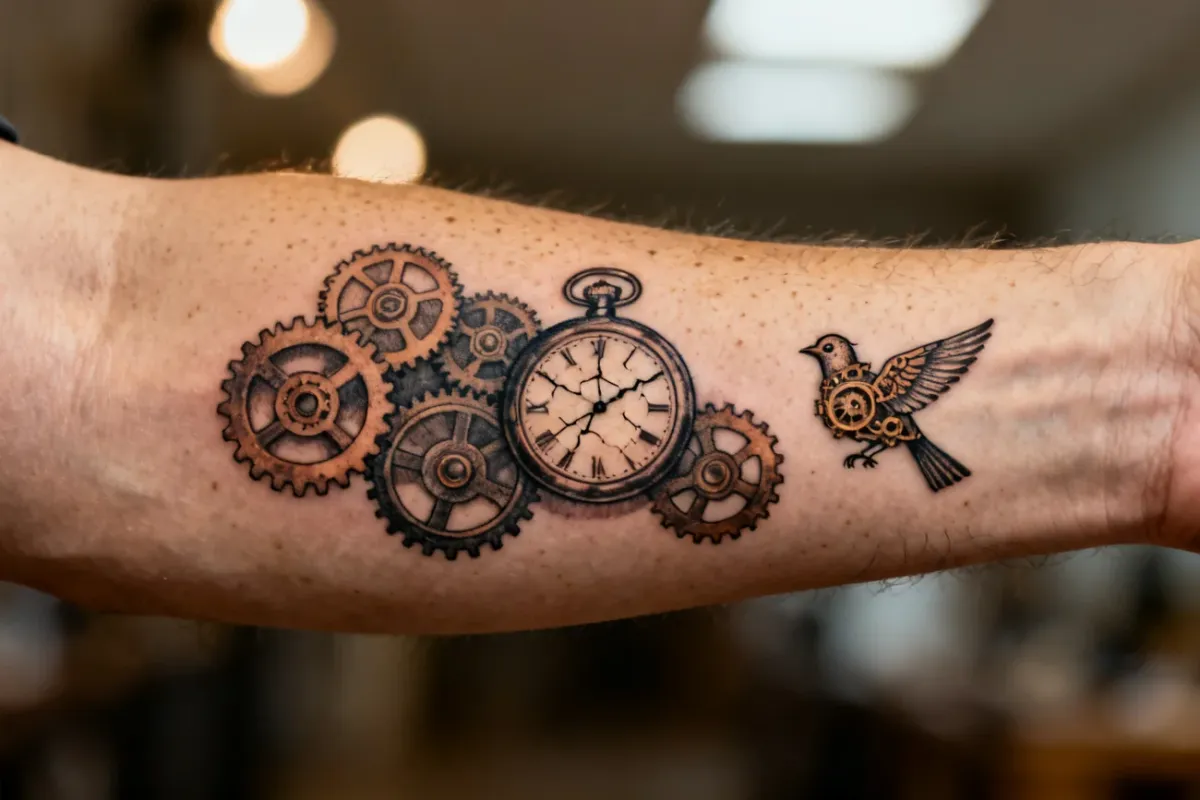 Poziome zdjęcie tatuażu steampunk na przedramieniu: zębatki, zegarek, mechaniczny ptak.