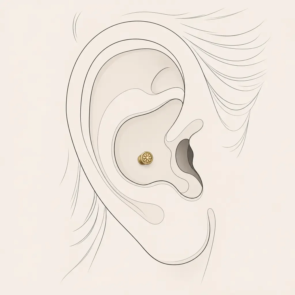 Minimalistyczne ujęcie profilu ucha z małym złotym kolczykiem typu labret w conch.